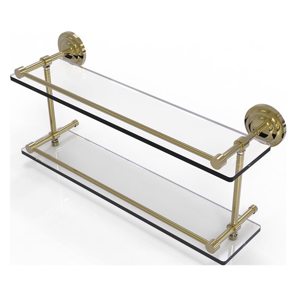 Allied Brass Que New Unlacquered Brass Wall Mount 2-Tier Glass Bathroom Shelf with Gallery Rail