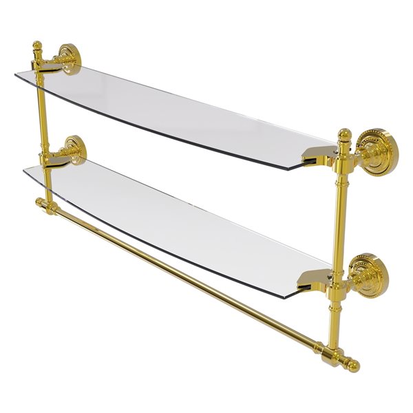 Allied Brass Retro Dot Polished Brass 24-in Two Tiered Glass Shelf with Integrated Towel Bar