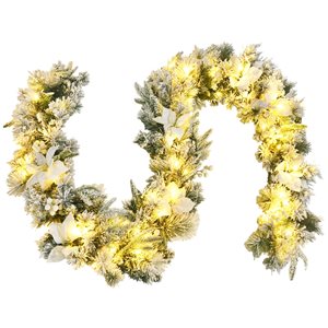 Costway 9-ft Pre-lit Snowy Christmas Garland with Berries Poinsettia Flowers Timer