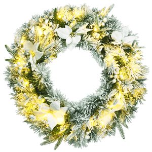 Costway 24-in Pre-lit Snowy Christmas Wreath with Berries Poinsettia Flowers Timer