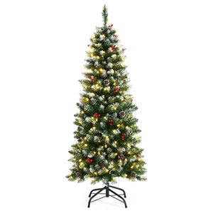 Costway 8-ft Snow Flocked Christmas Tree Glitter Tips with Pine Cone and Red Berries