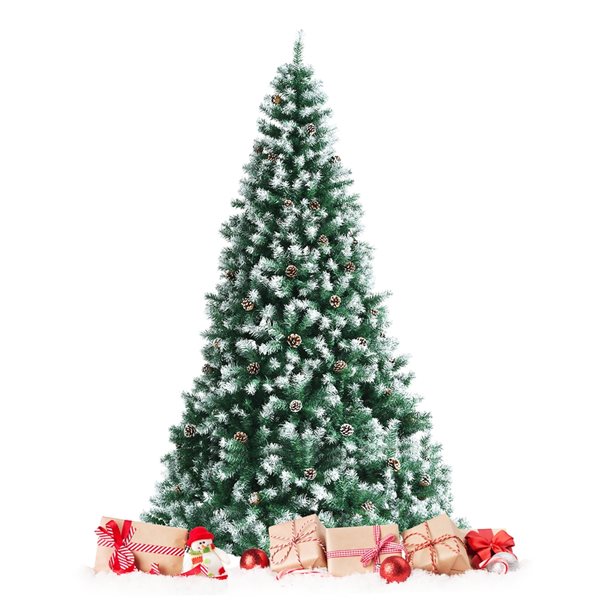 Costway 7.5-ft Snow Flocked Hinged Christmas Tree with 1346 Branch Tips and Pine Cones