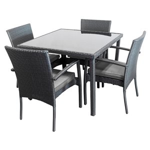 Henryka Black Patio Dining Set with Grey Polyester Cushions - 5-Piece