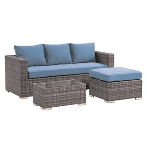 Henryka Wicker Outdoor Sofa Set with Blue Polyester Cushions and Grey Aluminum Frame - 3-Piece