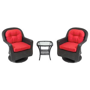 Henryka Wicker Patio Conversation Set with Red Polyester Cushions - 3-Piece