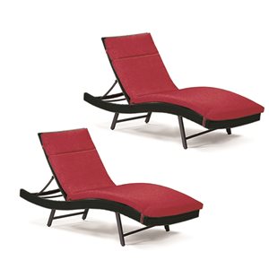 Chaise longue en osier noir par Henryka avec coussin de siège rouge en polyester, ensemble de 2