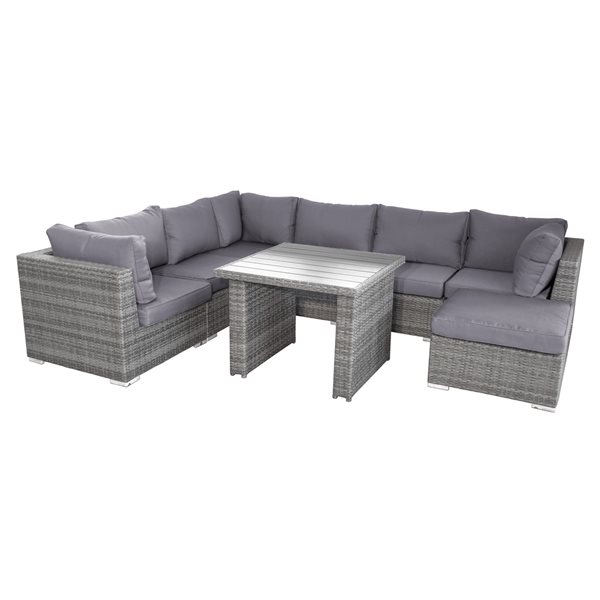 Henryka Wicker Outdoor Sofa Set with Grey Polyester Cushions and Grey Aluminum Frame - 8-Piece