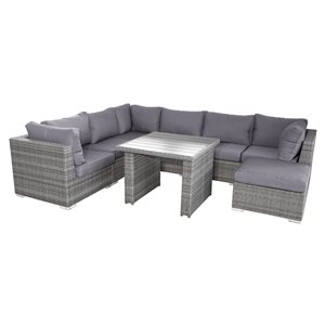 Henryka Wicker Outdoor Sofa Set with Grey Polyester Cushions and Grey Aluminum Frame - 8-Piece