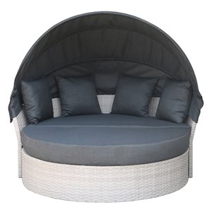 Henryka Wicker Outdoor Daybed with Black Polyester Cushions and Beige Aluminum Frame