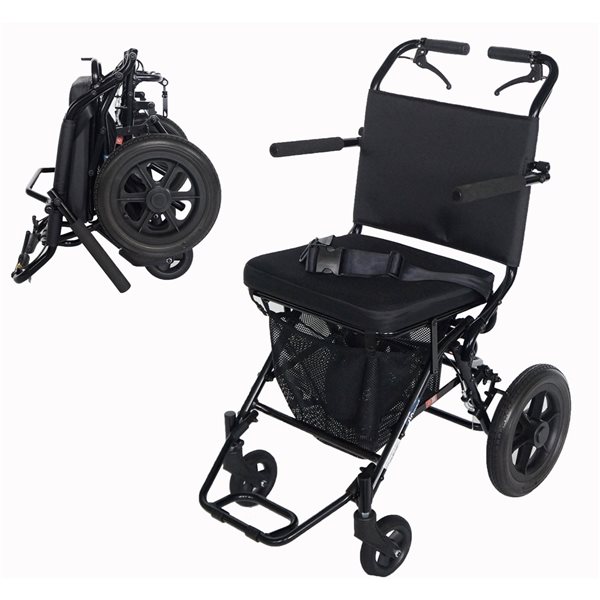 Ezee Life Deluxe Black Foldable Transport Chair with Memory Foam Cushion