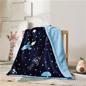 Marina Decoration Navy Blue 30-in W x 40-in L Rocket Flannel Fleece and Sherpa Blanket