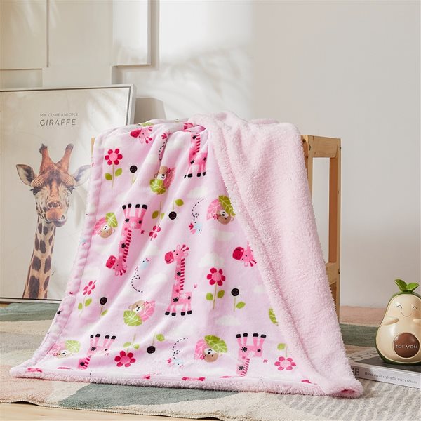 Marina Decoration Pink 30-in W x 40-in L Giraffe and Monkey Flannel Fleece and Sherpa Blanket