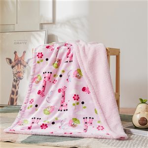 Marina Decoration Pink 30-in W x 40-in L Giraffe and Monkey Flannel Fleece and Sherpa Blanket