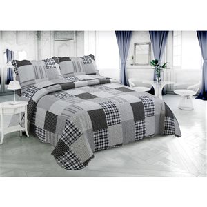 Marina Decoration Grey, Silver, Navy Blue and Black Plaid King Quilt Set - 3-Piece