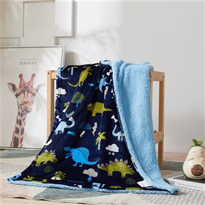 Marina Decoration Navy Blue 30-in W x 40-in L Dinosaur Flannel Fleece and Sherpa Blanket