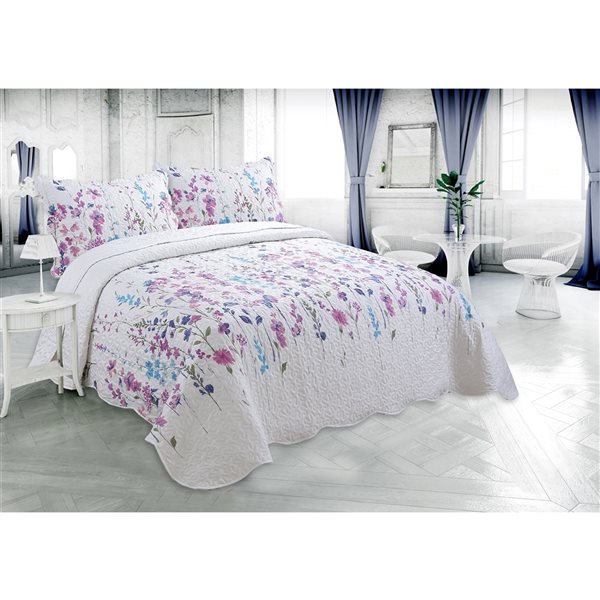 Marina Decoration Blue, Pink, Purple and White Floral Twin Quilt Set - 2-Piece