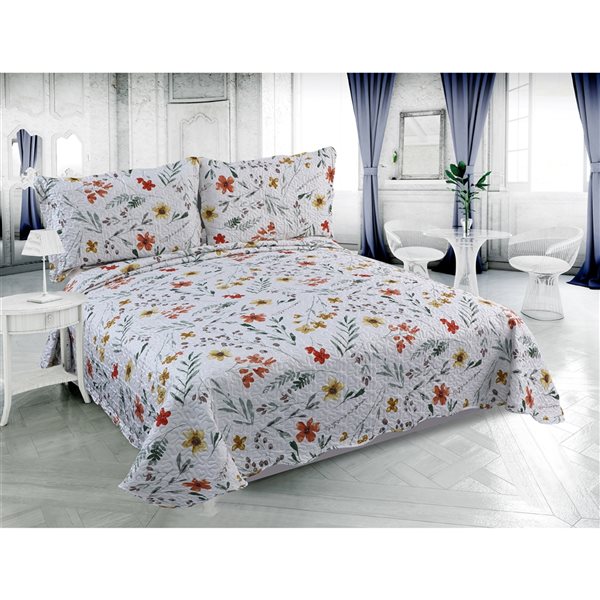 Marina Decoration Red, Yellow, Green and White Floral King Quilt Set - 3-Piece