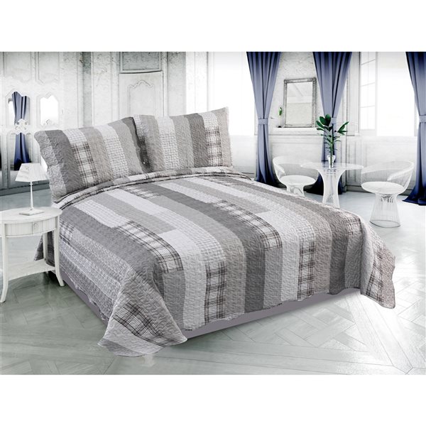 Marina Decoration Taupe, Grey, Silver and White Geometric King Quilt Set - 3-Piece