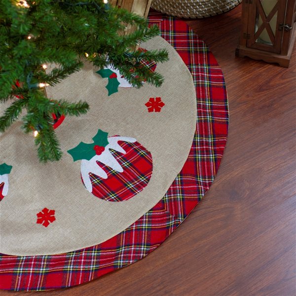 Northlight 36-in Burlap Plaid Tree Skirt with Christmas Puddings