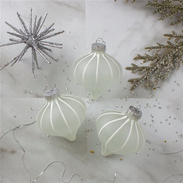 Northlight 3.25-in Clear and White Matte Frosted Glitter Stripes Glass Onion Ornaments - Pack of 3
