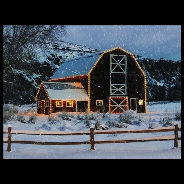 Northlight 15.75-in x 12-in LED Fibre Optic Snowy Red Barn Christmas Canvas Wall Art