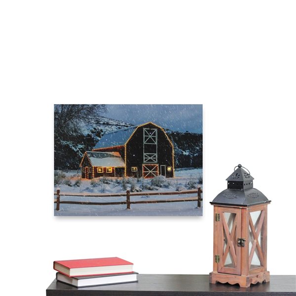 Northlight 15.75-in x 12-in LED Fibre Optic Snowy Red Barn Christmas Canvas Wall Art