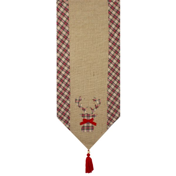 Northlight 36-in Red and Brown Burlap and Plaid Reindeer Christmas Table Runner