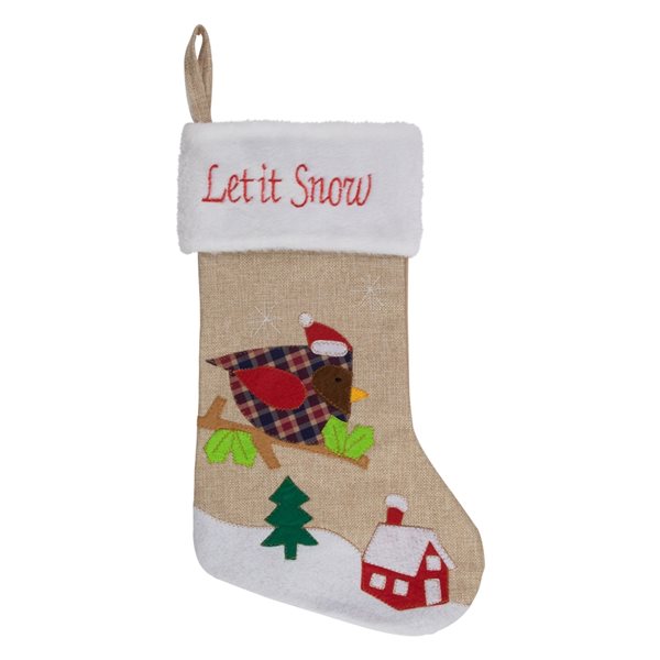 Northlight 19-in Beige and Red Let it Snow with Bird Christmas Stocking