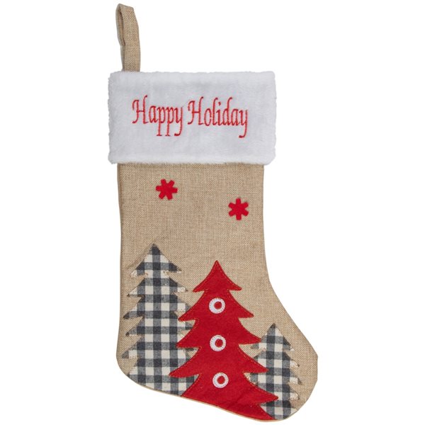 Northlight 19-in Beige and Red Happy Holidays Forest Trees Christmas Stocking