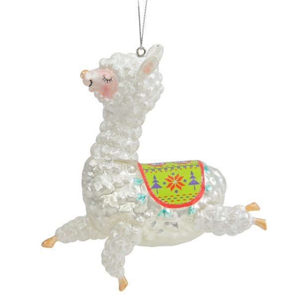 Northlight 5-in White and Green Glittered Regal Jumping Llama Glass Christmas Ornament