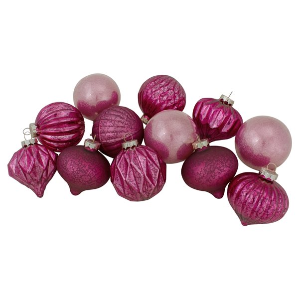 Northlight Magenta Pink Finial and Glass Ball Christmas Ornaments - Set of 12