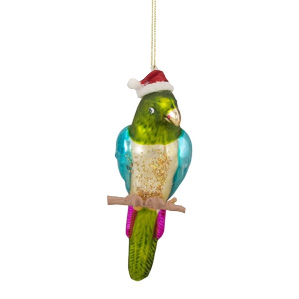Northlight 6.25-in Green and Blue Parrot in a Santa Hat Glass Christmas Ornament