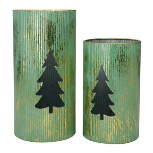 Northlight Rustic Green and Gold Christmas Tree Tabletop Lantern - Set of 2