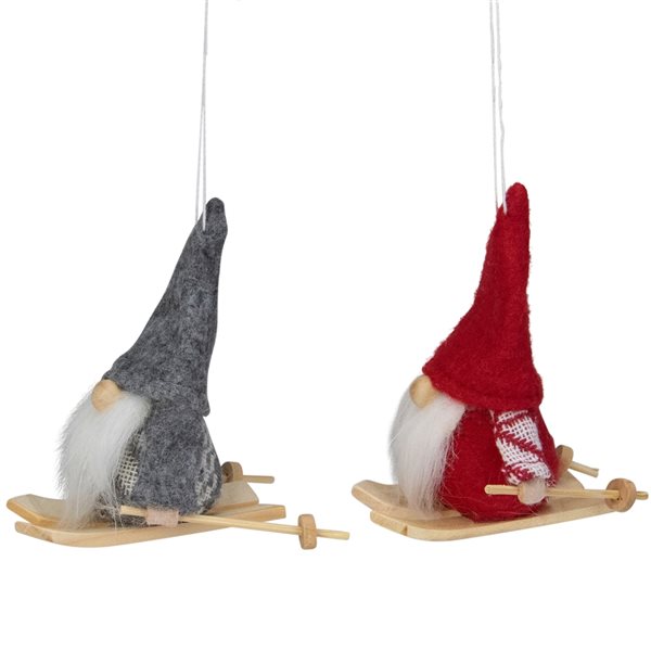 Northlight 4-in Grey and Red Skiing Santa Christmas Gnome Ornaments - Set of 2
