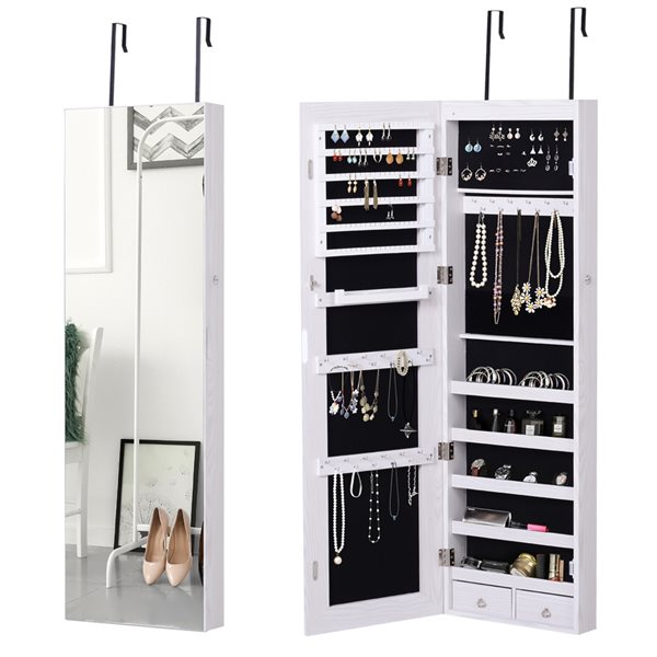 Homcom White Wall Mount Jewelry Armoire, Mirror Jewelry Armoire With Lights