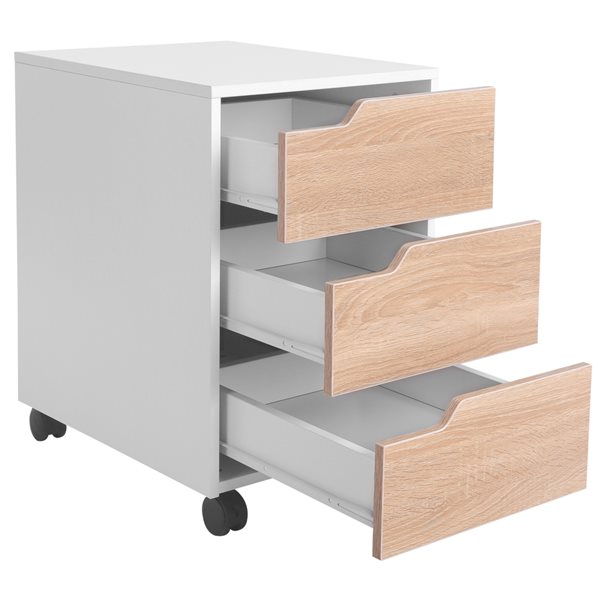 HomCom White and Natural Wood 3-Drawer File Cabinet with Wheels