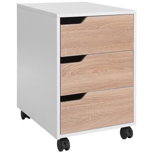 HomCom White and Natural Wood 3-Drawer File Cabinet with Wheels