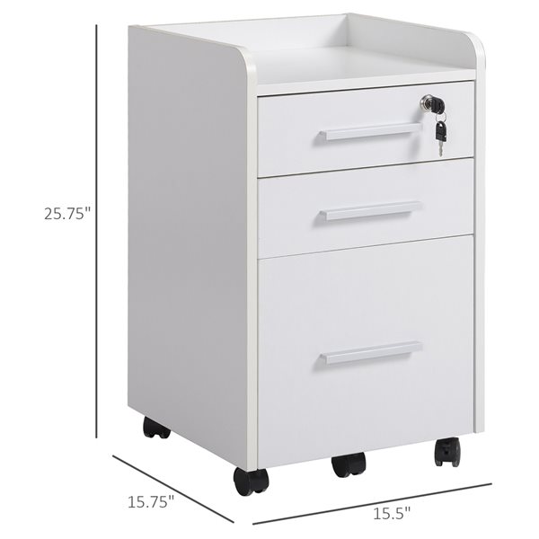 HomCom White Wooden 3-Drawer File Cabinet with Wheels