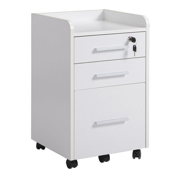 HomCom White Wooden 3-Drawer File Cabinet with Wheels