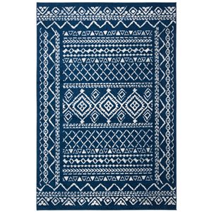 Tapis d'intérieur rectangulaire et abstrait Tulum Grady par Safavieh de 5 pi x 8 pi de style bohème, bleu marine et ivoire