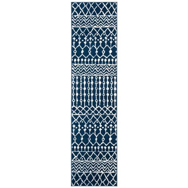 Tapis de passage rectangulaire et délavé Tulum Colfax par Safavieh de 2 pi x 9 pi de style bohème, bleu marine et ivoire