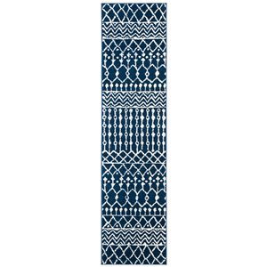 Tapis de passage rectangulaire et délavé Tulum Colfax par Safavieh de 2 pi x 9 pi de style bohème, bleu marine et ivoire