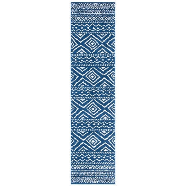 Tapis de passage rectangulaire et abstrait Tulum Logan par Safavieh de 2 pi x 9 pi de style bohème, bleu marine et ivoire