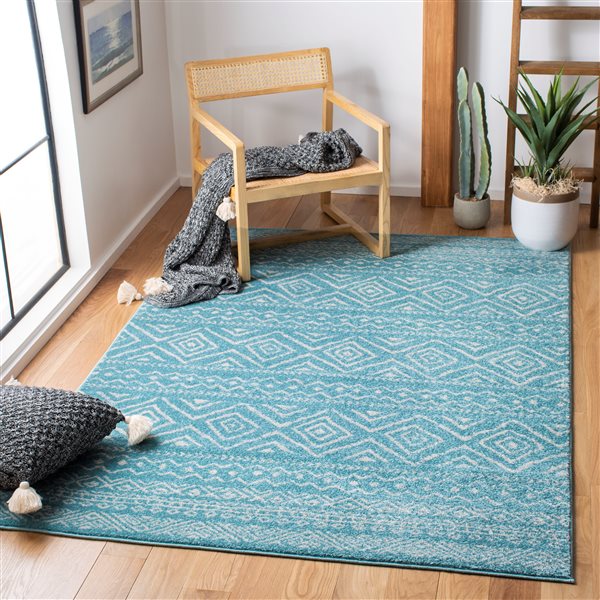 Tapis d'intérieur rectangulaire et abstrait Tulum Logan par Safavieh de 8 pi x 10 pi de style bohème, turquoise et ivoire