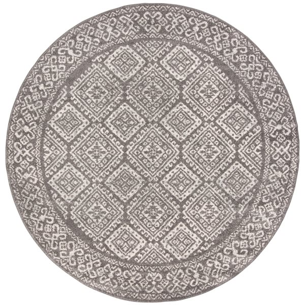 Carpette d'intérieur ronde et abstraite Tulum Virden par Safavieh de 3 pi x 3 pi de style bohème, gris foncé et ivoire