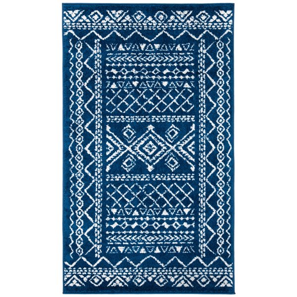 Carpette d'intérieur rectangulaire et abstraite Tulum Grady par Safavieh de 3 pi x 5 pi de style bohème, bleu marine et ivoire