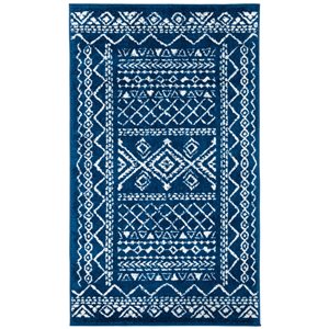 Carpette d'intérieur rectangulaire et abstraite Tulum Grady par Safavieh de 3 pi x 5 pi de style bohème, bleu marine et ivoire