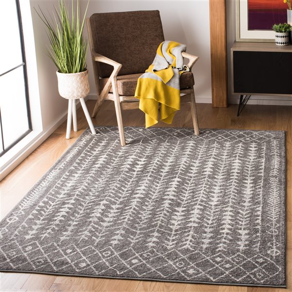 Tapis d'intérieur carré et délavé Tulum Elida par Safavieh de 5 pi x 5 pi de style bohème, gris foncé et ivoire