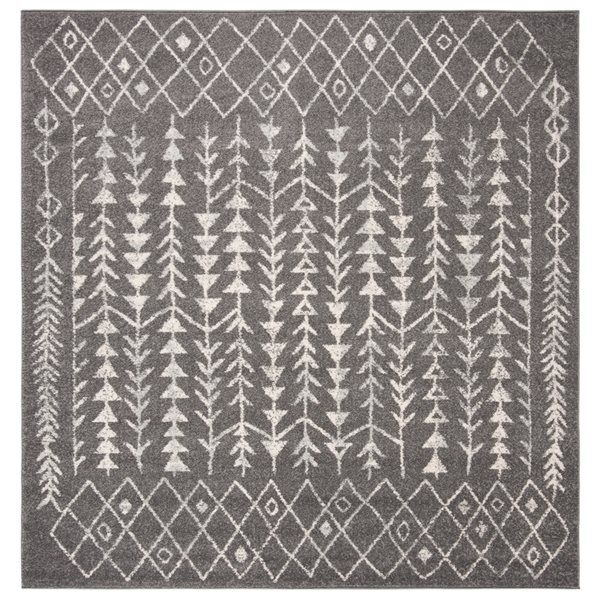 Tapis d'intérieur carré et délavé Tulum Elida par Safavieh de 5 pi x 5 pi de style bohème, gris foncé et ivoire