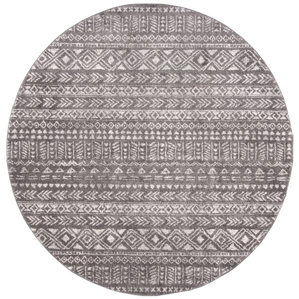 Tapis d'intérieur rond et abstrait Tulum Hobbs par Safavieh de 7 pi x 7 pi de style bohème, gris foncé et ivoire